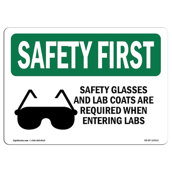 OSHA Sign, Glasses And Lab Coats W/ Symbol, 18in X 12in Aluminum, 18" W, 12" H, Landscape